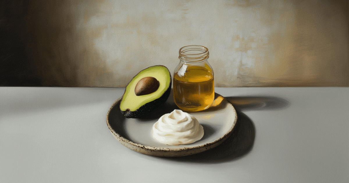 Avocado near Honey Jar Near Yogurt on a plate