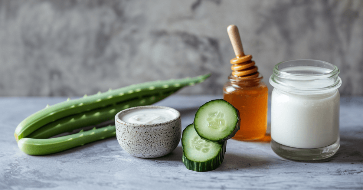 Aloe vera near honey jar near yogurt near cucumber